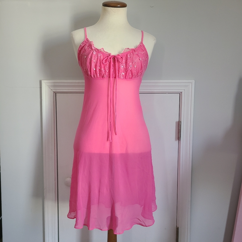 VTG Y2K Cinema Etoile Milkmaid Slip Dress S Ruffle Sheer Babydoll Sequin Lace 🩷